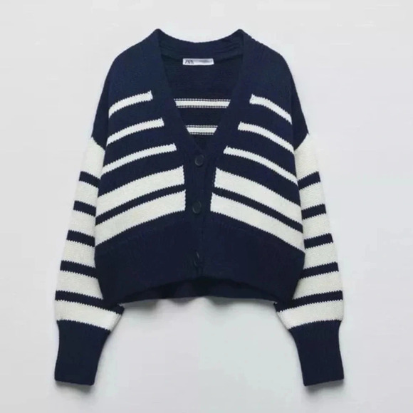 NWT Zara Striped Knit Cardigan Sweater Cropped V Neck Button Down - Picture 6 of 16